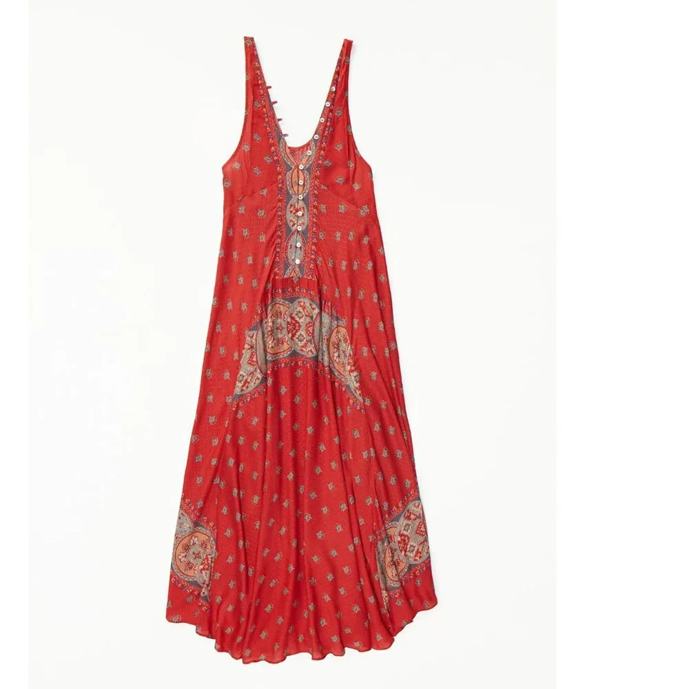 Free People Faithfully Yours V Neck Slip Dress Maxi Red Paisley Boho Hippie XS